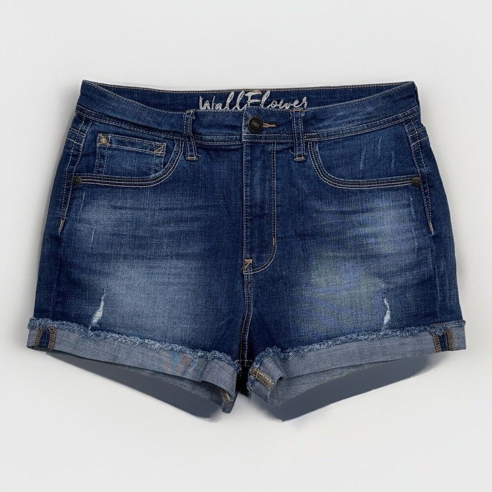 Wallflower Shorts Juniors 11 Super High Rise Cuffed Blue Distressed Measures W30